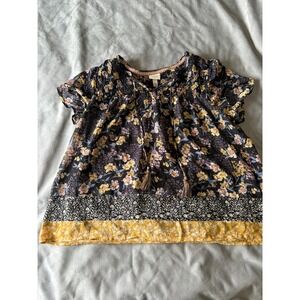 Knox Rose Floral Peasant Top XXL Black Yellow Boho Smocked Tassel Chiffon Blouse